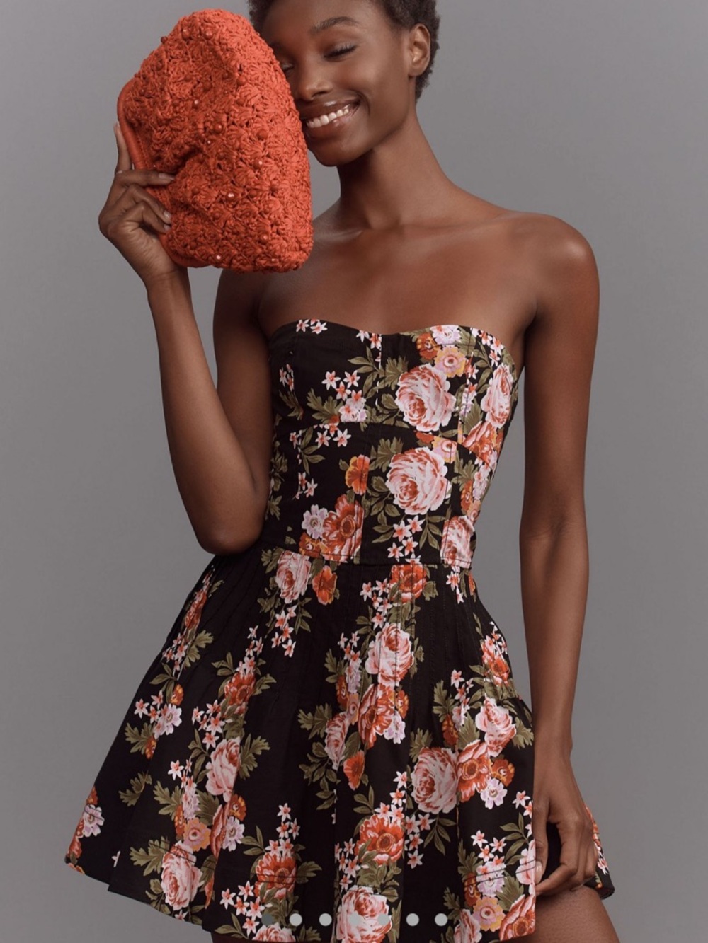 Anthropologie Black Strapless Floral Mini Dress with Pink & Orange Blooms